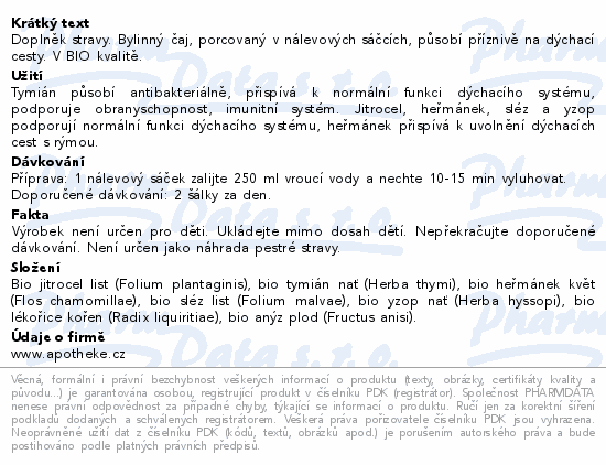 Apotheke BIO Průduškový s tymiánem čaj 20x1.5g