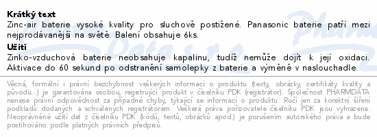 Panasonic PR675 baterie do naslouchadel 6ks