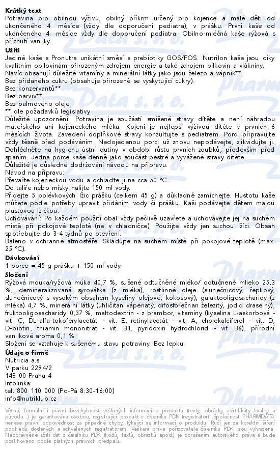 Nutrilon První kaše rýžová s př.vanilky 225g 4m+