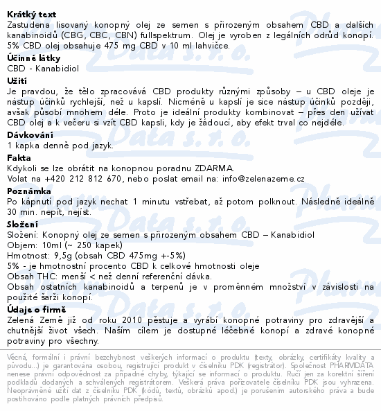 Zelená Země CBD konopný olej 5% 10ml