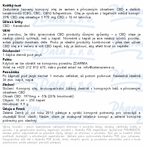 Zelená Země CBD konopný olej 20% 10ml