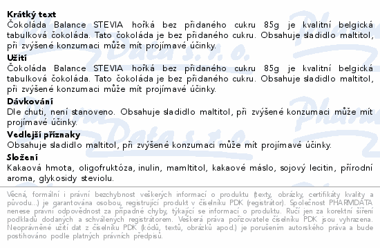 Čokoláda Balance STEVIA hořká bez přid.cukru 85g