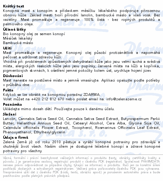 Zelená Země konopná mast na kůži s měsíčkem 100ml