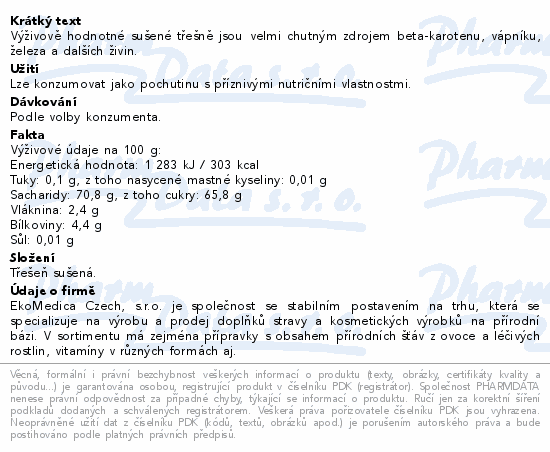 Třešně sušené přírodní 250g EkoMedica