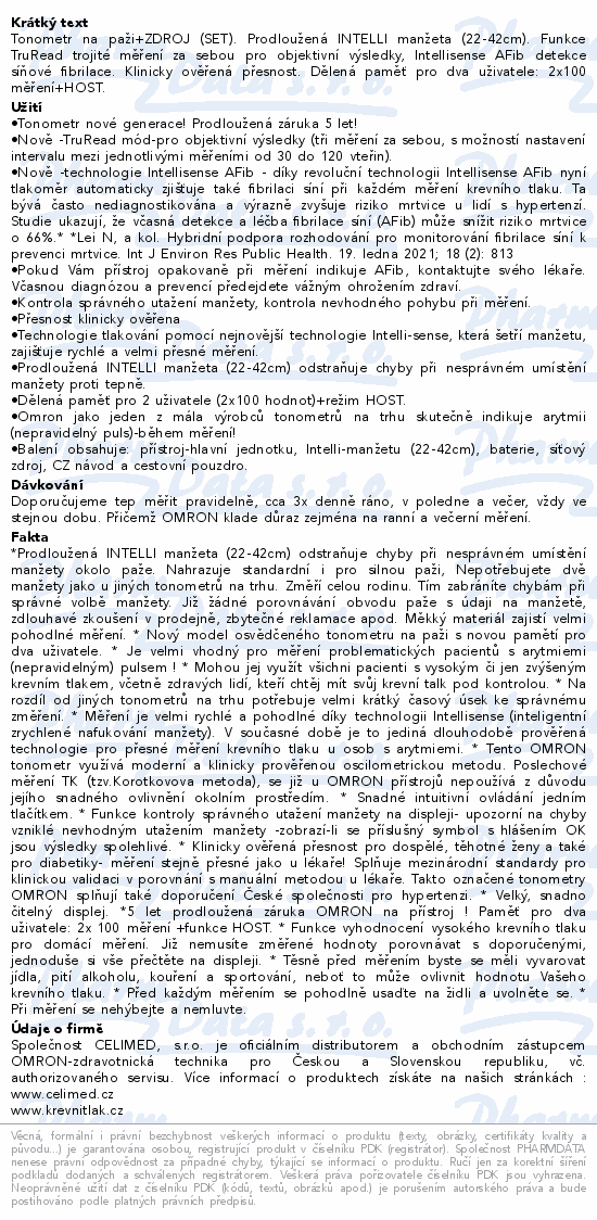 Tonometr digi.OMRON M6 Comfort AFib pažní+zdroj
