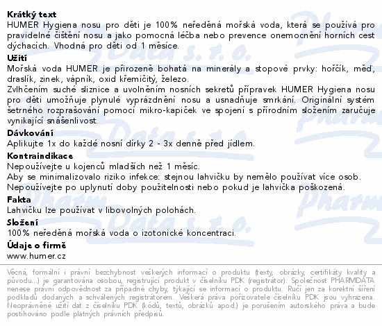 HUMER Hygiena nosu 100% mořská voda pro děti 150ml
