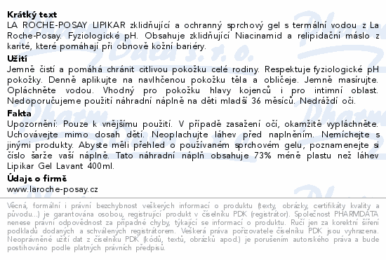 LA ROCHE-POSAY LIPIKAR Sprchový gel náplň 400ml