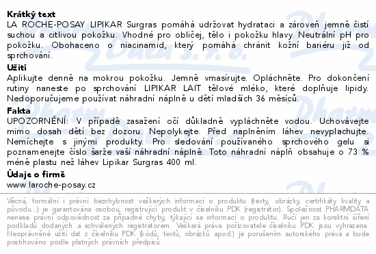 LA ROCHE-POSAY LIPIKAR Surgras náplň 400ml