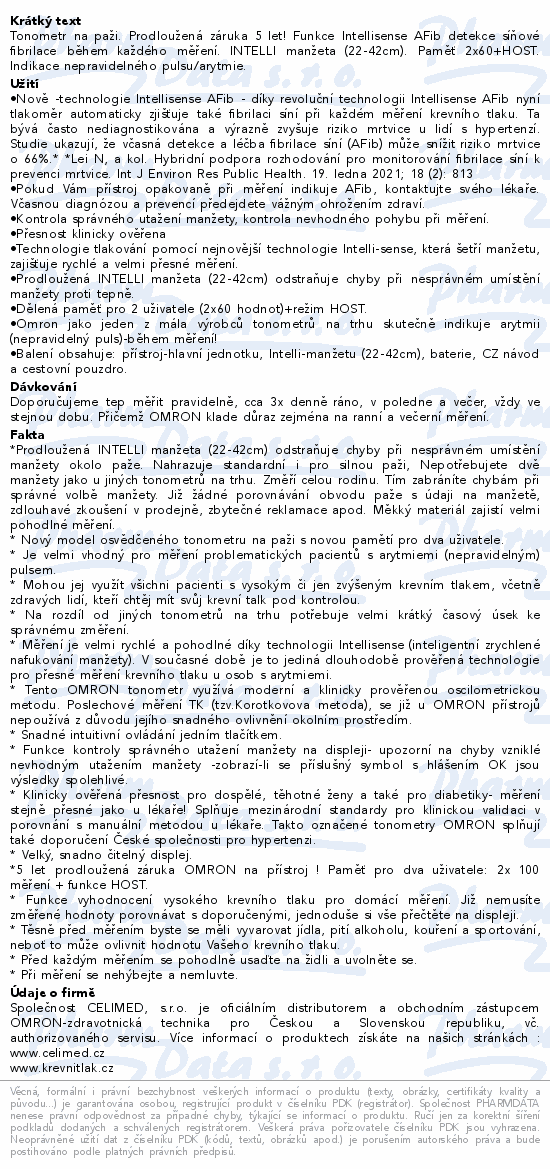 Tonometr digi.OMRON M3 Comfort AFib pažní