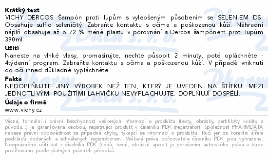VICHY DERCOS Šampon lupy suché vlasy náplň 390ml
