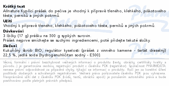 Allnature Kypřící prášek do pečiva BIO 150g