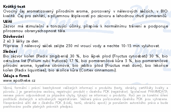 Apotheke BIO Zázvorový s pomerančem čaj 20x1.5g