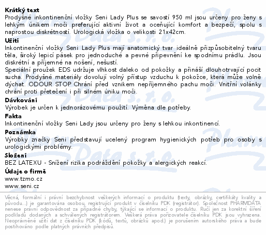 Seni Lady inkontinenční vložky plus 15ks