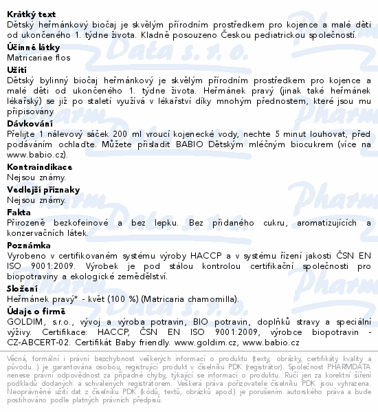 BABIO dětský biočaj heřmánkový 20x1.5g 1t+