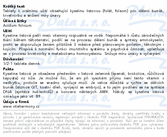 VitaHarmony Kyselina listová 400mcg tbl.90
