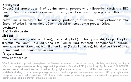 Apotheke BIO Zázvorový s pomerančem čaj 20x1.5g
