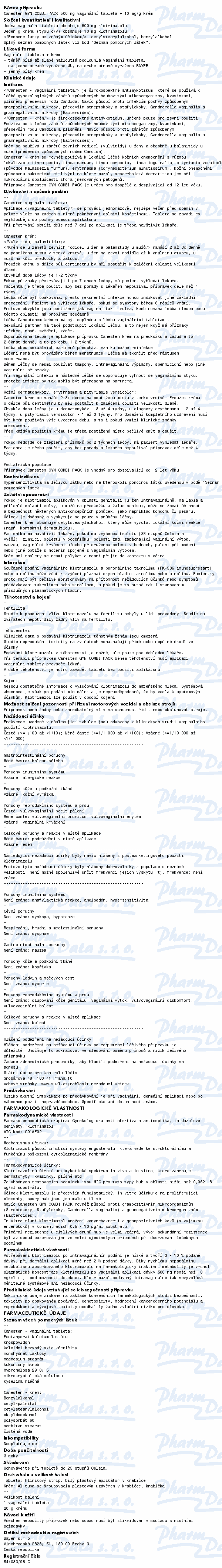 Canesten Gyn Combi Pack 500+10mg/g crm+v.tbl.1+20g